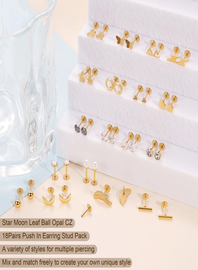 LOREMOW 20G 18Pairs Surgical Steel Threadless Stud Earrings for Women Men Hypoallergenic CZ Flatback Earrings Star Moon Cartilage Helix Tragus Lobe Stud Earring Set for Multiple Piercing G-6 - Image 3